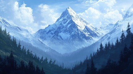 Wall Mural - A snowy mountain peak towering above a forested valley, leaving space for text in the sky.