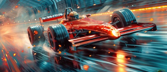 The racing car is moving at high speed with a blurry image in motion