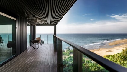 Wall Mural - Terrace with panoramic windows overlooking the sea. Black balcony room with access to the beach. Studio mockup in modern interior design. living room with window