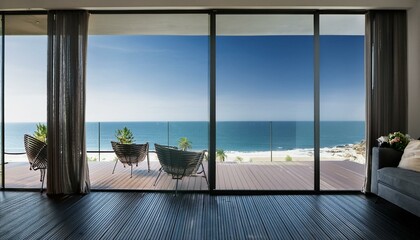 Wall Mural - Terrace with panoramic windows overlooking the sea. Black balcony room with access to the beach. Studio mockup in modern interior design. living room with window