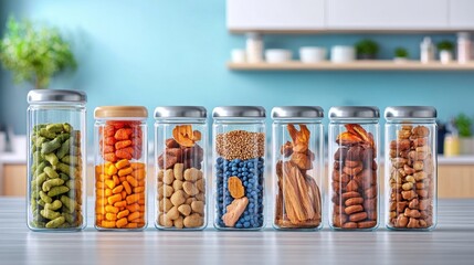 Wall Mural - Assorted pet treats arranged neatly in glass jars, kitchen backdrop