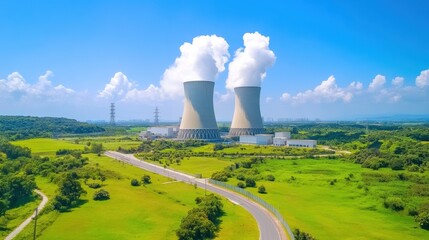 Power Plant Cooling Towers Under Blue Sky