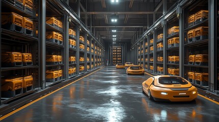 A row of yellow forklifts in a large warehouse, showcasing efficient logistics and distribution operations.