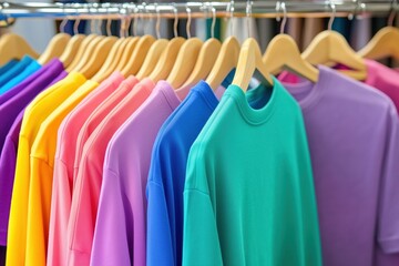 A rack of colorful shirts hanging on a clothesline