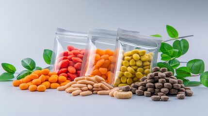 Wall Mural - Dehydrated pet treats in colorful packaging, natural product focus