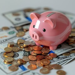 Piggy bank surrounded by coins and dollar bills, financial concept image.