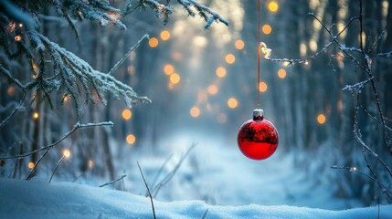 Poster - A snowy Christmas tree background with decorations, Christmas ball and star, Winter holiday theme. Happy New Year space for text.