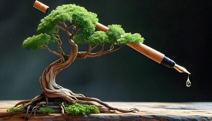 Imaginative fusion of nature and art with a tree sprouting from a pen tip in stunning detail