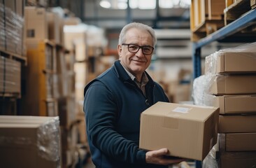 A man is smiling and holding a cardboard box in a warehouse