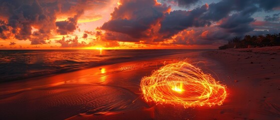 Wall Mural - Stunning Sunset with Fiery Sparks on Tranquil Beach