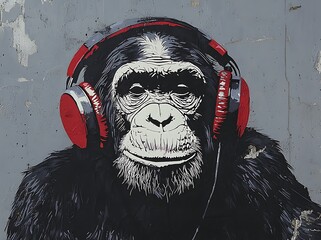 Vector art of an anthropomorphic chimpanzee wearing headphones