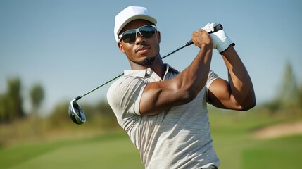 handsome golfer sport man with hat  and a beautiful shirt, swinging a club during a sunny day on the course.