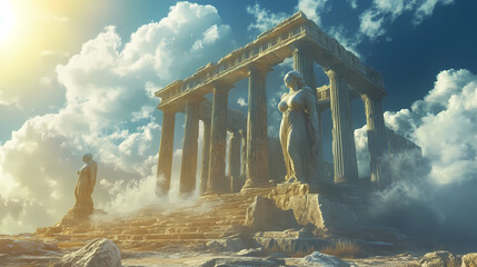 Ancient greek civilization, ancient greek temple ruins with female goddess statue with clouds and sun ray. generative ai. Minoan Civilization. Illustration