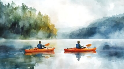 Wall Mural - Two Kayakers Paddling on a Serene Lake with Foggy Mountains in the Background.