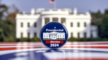 A campaign button announcing the 2024 presidential election rests on the U.S. flag, in front of a detailed model of the White House, evoking political engagement