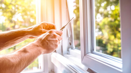 Close-up of a professional worker repairing a white window frame in a modern living room with bright sunlight illuminating the space