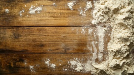 Flour is scattered on a wooden surface featuring a handwritten menu and a smooth rectangular imprint creating an empty space for text Aerial perspective