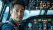 © fourtakig - Portrait of a focused Asian pilot at the controls on a cool, steel grey background with free copy space