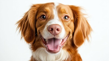 Cheerful Brittany Spaniel happy head portrait on a white background in the studio