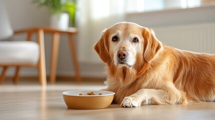 Senior dog eating joint-support pet food, peaceful home environment