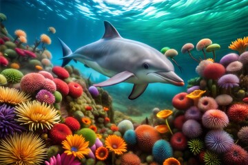 Dolphin swimming through coral reef in underwater scene