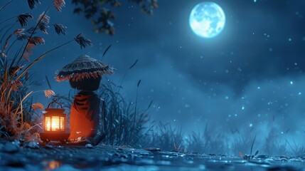 A serene night scene featuring a glowing lantern, a figure with a mushroom hat, and a bright moon illuminating a tranquil landscape.