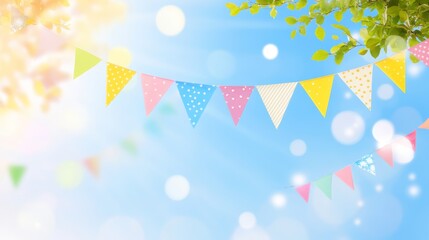 In this modern artwork, a colorful pennant string decoration is hung from green tree foliage on a blue background as a backdrop for a summer party banner, with a copy space for a logo.