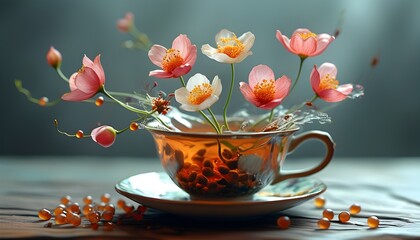 Wall Mural - Vibrant flowers emerging from seeds in a delicate tea cup, symbolizing the contrast between life and stillness in exquisite detail