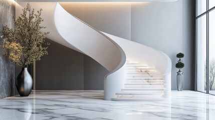 Modern Interior with Spiral Staircase and Marble Flooring