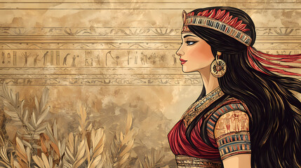 Wall Mural - Beautiful woman in the goddess ancient mesopotamia beauty style background, ai generated. Ancient Mesopotamia. Illustration