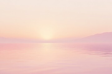 Serene pastel sunrise over calm water with gentle waves; soft pink and purple hues create a tranquil, peaceful, and soothing atmosphere