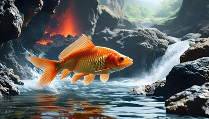 Aquatic Serenity and Fiery Intensity: Fish Swimming Among Volcanic Rocks in a Realistic River Landscape