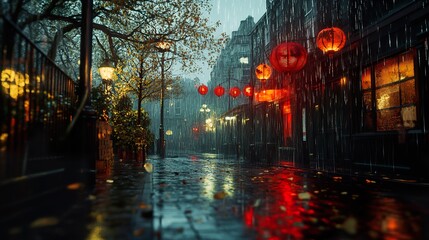 Canvas Print - Rainy Night in the City with Red Lanterns