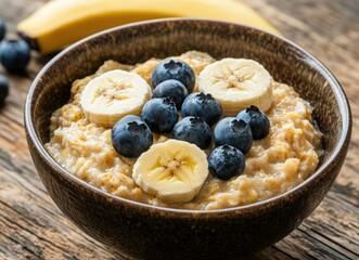 Oatmeal with blueberries and banana in a bowl on a wooden table. Rice in a rustic bowl of porridge with banana and blueberries on a wooden background, a morning healthy breakfast meal or energy dish