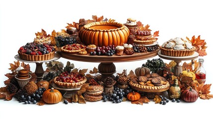 Thanksgiving dessert table with a pumpkin pie centerpiece, surrounded by pies and pastries, festive autumn decor, digital painting, isolated on white background