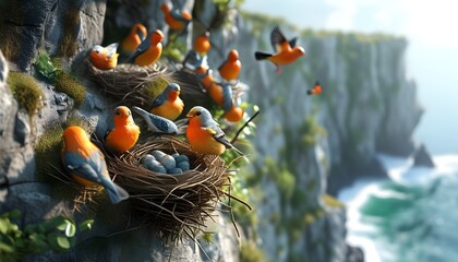 Detailed depiction of birds constructing nests atop a dramatic cliffside, showcasing vibrant nature and intricate behaviors