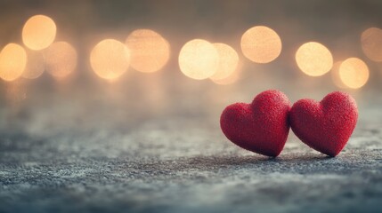 Valentine s Day panoramic background featuring two red hearts and bokeh lights against a rustic bright stone concrete texture