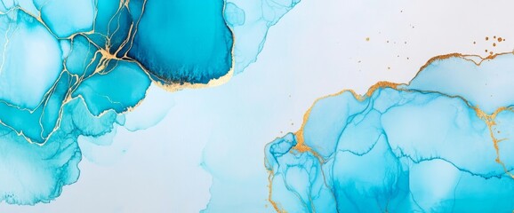 Poster - Abstract marble alcohol ink background with fluid texture, gold elements on a blue background, luxury wallpaper