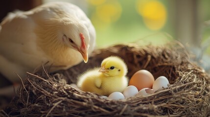 A small yellow chick rests in a nest beside its mother hen with scattered broken eggshells around representing new beginnings and care