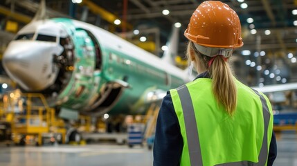 A person in a safety vest monitors activities within an aircraft manufacturing facility