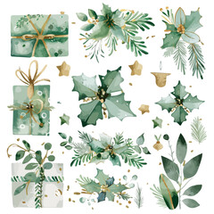 Wall Mural - Merry Christmas watercolor set with floral elements.Watercolor set of Christmas decorations, cozy elements, fir branches, present boxes, holly, mistletoe, balls, poinsettia candy, set Christmas