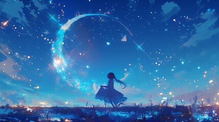 Celestial Animation of Girl Under Crescent Moon