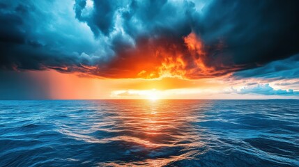 Wall Mural - Dramatic Sunset Over Ocean With Stormy Clouds