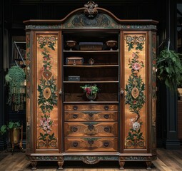 Large ornate vintage wooden wardrobe with intricate inlay and floral designs in an elegant room setting