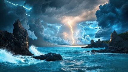 Sticker - Dramatic Lightning Over Turbulent Ocean Waves