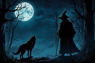 Silhouette of a Man in a Sorcerer Costume Standing Next to a Wolf Under Moonlight