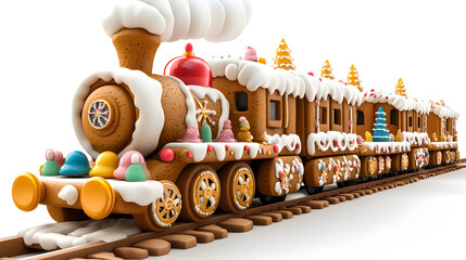 Wall Mural - Festive Christmas gingerbread train cookie decorated with colorful icing isolated on white