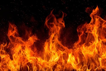 Canvas Print - Graphic horizontal wallpaper banner of a strongly hot fire flame on black background. Stock photo.