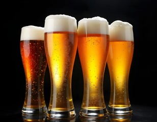 Beer Glasses Isolated on Black Background, Crisp Refreshing Beverage Display