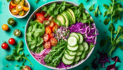 Vibrant overhead view of a fresh vegetable salad bowl against a lively green backdrop